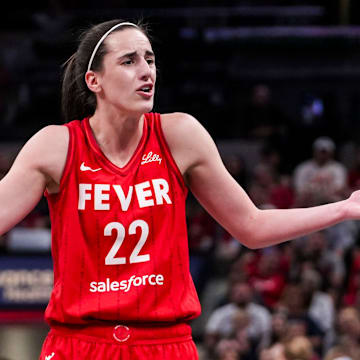 Indiana Fever guard Caitlin Clark (22) reacts to a call Friday, Sept. 13, 2024, during a game between the Indiana Fever and the Las Vegas Aces on Friday, Sept. 13, 2024, at Gainbridge Fieldhouse in Indianapolis.