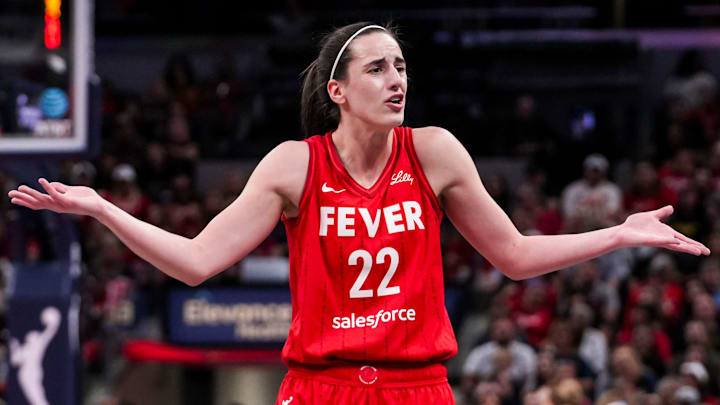 Indiana Fever guard Caitlin Clark (22) reacts to a call Friday, Sept. 13, 2024, during a game between the Indiana Fever and the Las Vegas Aces on Friday, Sept. 13, 2024, at Gainbridge Fieldhouse in Indianapolis.