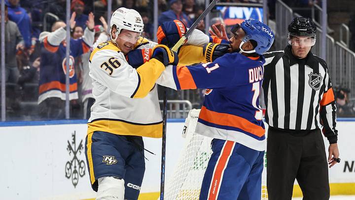 Jan 31, 2026; Elmont, New York, USA; Nashville Predators right wing Cole Smith (36) and New York Islanders left wing Anthony Duclair (11) fight in the third period at UBS Arena. Mandatory Credit: Wendell Cruz-Imagn Images Jan 31, 2026; Elmont, New York, USA; Nashville Predators right wing Cole Smith (36) and New York Islanders left wing Anthony Duclair (11) fight in the third period at UBS Arena. Mandatory Credit: Wendell Cruz-Imagn Images
