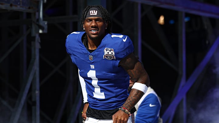 Oct 20, 2024; East Rutherford, New Jersey, USA; New York Giants wide receiver Malik Nabers (1) enter the field during introductions before the game against the Philadelphia Eagles at MetLife Stadium. Mandatory Credit: Vincent Carchietta-Imagn Images Oct 20, 2024; East Rutherford, New Jersey, USA; New York Giants wide receiver Malik Nabers (1) enter the field during introductions before the game against the Philadelphia Eagles at MetLife Stadium. Mandatory Credit: Vincent Carchietta-Imagn Images