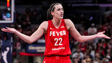 Indiana Fever guard Caitlin Clark (22) reacts to a call Friday, Sept. 13, 2024, during a game between the Indiana Fever and the Las Vegas Aces on Friday, Sept. 13, 2024, at Gainbridge Fieldhouse in Indianapolis.