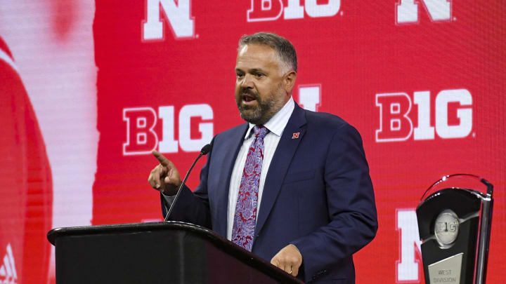 Jul 27, 2023; Indianapolis, IN, USA;  Nebraska Cornhuskers head coach Matt Rhule speaks to the media during the 2023 Big Ten football media day at Lucas Oil Stadium.