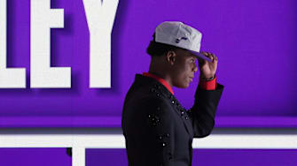 Jun 25, 2025; Brooklyn, NY, USA;  Ace Bailey looks on after being selected as the fifth pick by the Utah in the first round of the 2025 NBA Draft at Barclays Center. Mandatory Credit: Brad Penner-Imagn Images