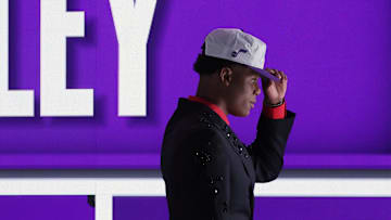 Jun 25, 2025; Brooklyn, NY, USA;  Ace Bailey looks on after being selected as the fifth pick by the Utah in the first round of the 2025 NBA Draft at Barclays Center. Mandatory Credit: Brad Penner-Imagn Images