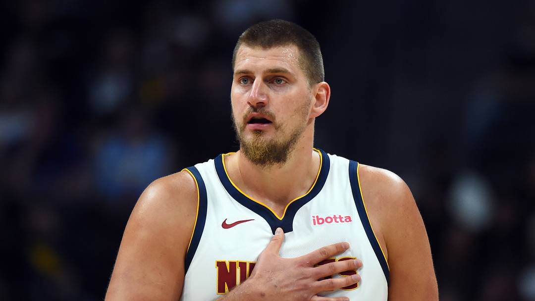 Oct 14, 2025; Denver, Colorado, USA; Denver Nuggets center Nikola Jokic (15) during the first half against the Chicago Bulls at Ball Arena.