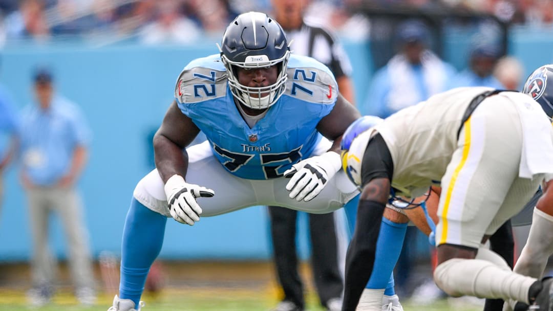 Sep 14, 2025; Nashville, Tennessee, USA;  Tennessee Titans offensive line Olisaemeka Udoh (72) against the Los Angeles Rams during the second half at Nissan Stadium. Mandatory Credit: Steve Roberts-Imagn Images