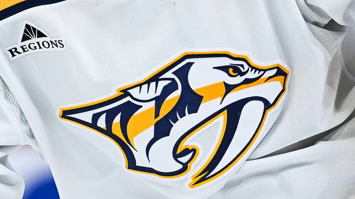 Oct 16, 2025; Montreal, Quebec, CAN; View of a Nashville Predators logo on a jersey worn by a member of the team against the Montreal Canadiensduring the second period at Bell Centre. Mandatory Credit: David Kirouac-Imagn Images