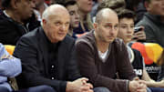Jan 22, 2017; Toronto, Ontario, CAN; Toronto Maple Leafs general manager Lou Lamoriello and New York Yankees general manager Brian Cashman watch the Toronto Raptors play against the Phoenix Suns at Air Canada Centre. Mandatory Credit: Tom Szczerbowski-Imagn Images