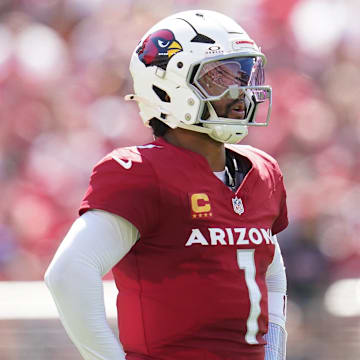 Sep 21, 2025; Santa Clara, California, USA; Arizona Cardinals quarterback Kyler Murray (1) stands on the field against the San Francisco 49ers during the first half at Levi's Stadium. Mandatory Credit: Cary Edmondson-Imagn Images