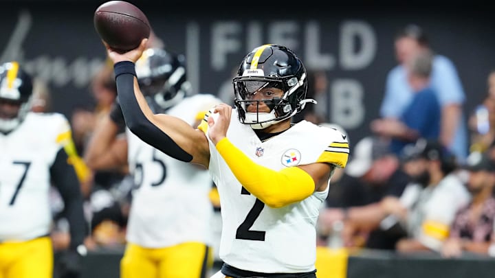 Oct 13, 2024; Paradise, Nevada, USA; Pittsburgh Steelers quarterback Justin Fields (2) warms up before a game against the Las Vegas Raiders at Allegiant Stadium. Mandatory Credit: Stephen R. Sylvanie-Imagn Images Oct 13, 2024; Paradise, Nevada, USA; Pittsburgh Steelers quarterback Justin Fields (2) warms up before a game against the Las Vegas Raiders at Allegiant Stadium. Mandatory Credit: Stephen R. Sylvanie-Imagn Images