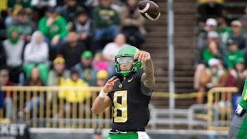 Oregon quarterback Dillon Gabriel throws the ball during the Oregon Ducks’ Spring Game Saturday, April 27. 2024 at Autzen Stadium in Eugene, Ore.