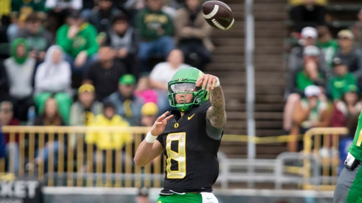 Oregon quarterback Dillon Gabriel throws the ball during the Oregon Ducks’ Spring Game Saturday, April 27. 2024 at Autzen Stadium in Eugene, Ore.