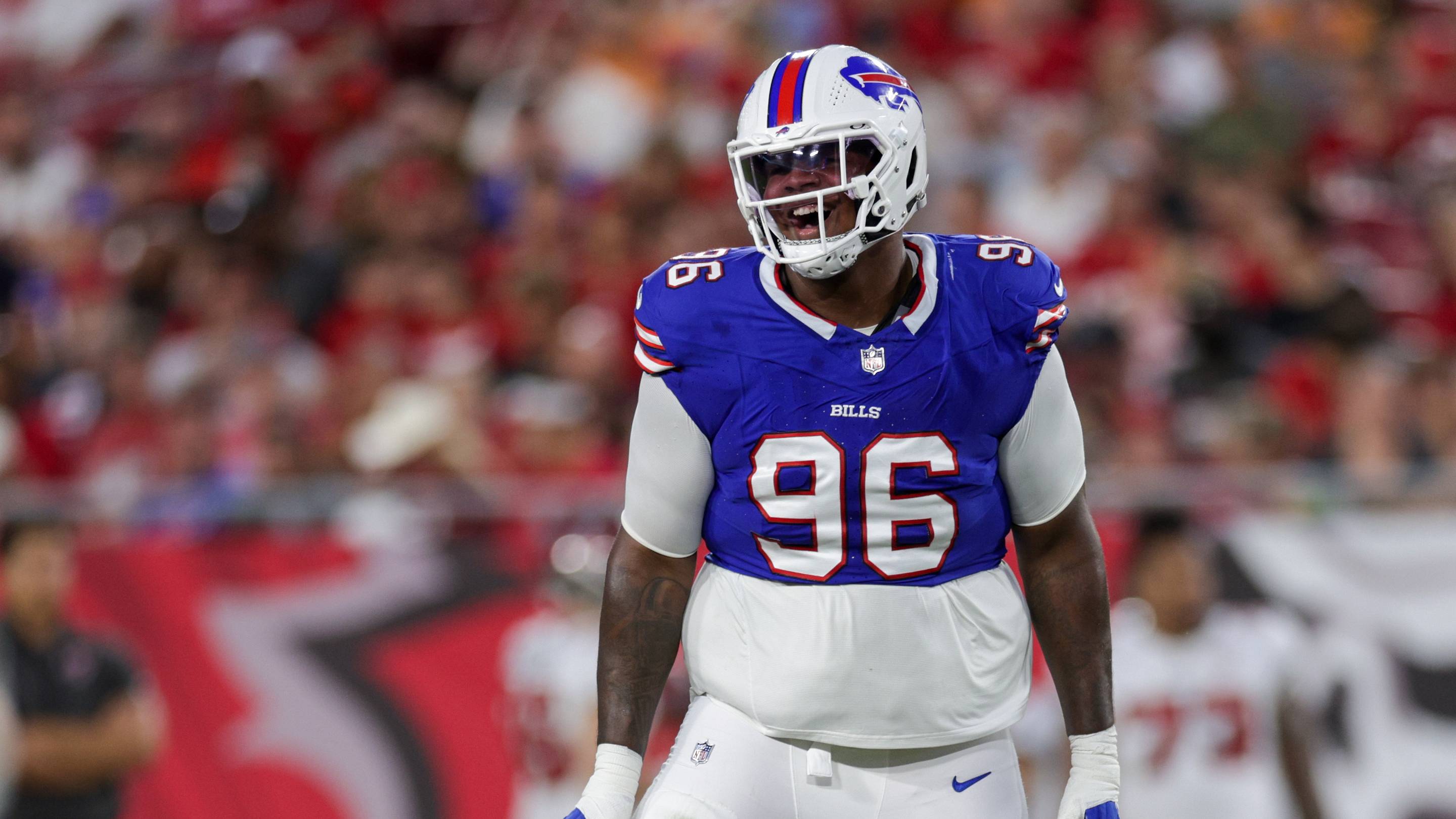 Buffalo Bills defensive tackle Deone Walker (96) reacts after a play against the Tampa Bay Buccaneers in the first quarter at Raymond James Stadium.