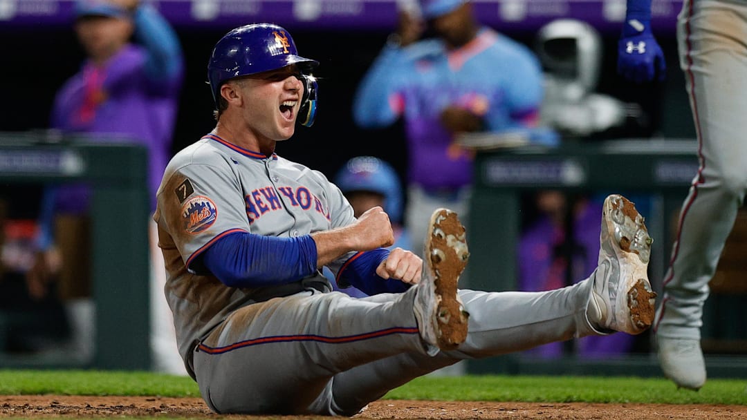 Jun 6, 2025; Denver, Colorado, USA; New York Mets first baseman Pete Alonso (20) reacts after a play at the plate in the ninth inning against the Colorado Rockies at Coors Field. Mandatory Credit: Isaiah J. Downing-Imagn Images