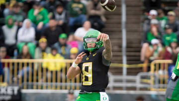 Oregon quarterback Dillon Gabriel throws the ball during the Oregon Ducks’ Spring Game.