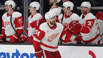 Mar 24, 2025; Salt Lake City, Utah, USA; Detroit Red Wings center Tyler Motte (14) celebrates a goal against the Utah Hockey Club during the third period at Delta Center. Mandatory Credit: Rob Gray-Imagn Images