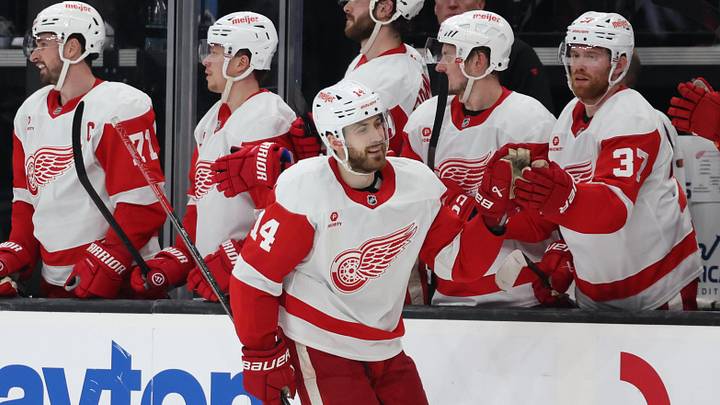 Mar 24, 2025; Salt Lake City, Utah, USA; Detroit Red Wings center Tyler Motte (14) celebrates a goal against the Utah Hockey Club during the third period at Delta Center. Mandatory Credit: Rob Gray-Imagn Images