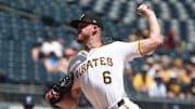 Jun 22, 2025; Pittsburgh, Pennsylvania, USA;  Pittsburgh Pirates starting pitcher Bailey Falter (6) delivers a pitch against the Texas Rangers during the first inning at PNC Park. Mandatory Credit: Charles LeClaire-Imagn Images