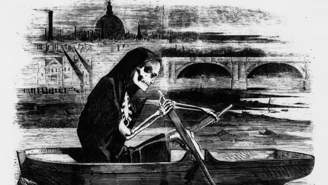 An 1858 cartoon shows Death rowing down the polluted River Thames.