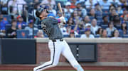 Sep 20, 2025; New York City, New York, USA; New York Mets first baseman Pete Alonso (20) reacts after popping out with runners on base to end the fifth inning against the Washington Nationals at Citi Field. Mandatory Credit: Wendell Cruz-Imagn Images