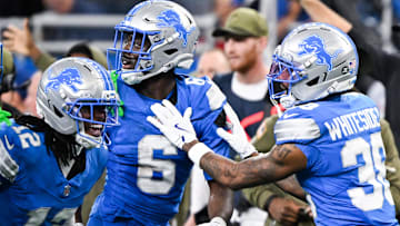 Nov 2, 2025; Detroit, Michigan, USA; Detroit Lions cornerback Terrion Arnold (6) celebrates an interception in the second quarter against the Minnesota Vikings at Ford Field.