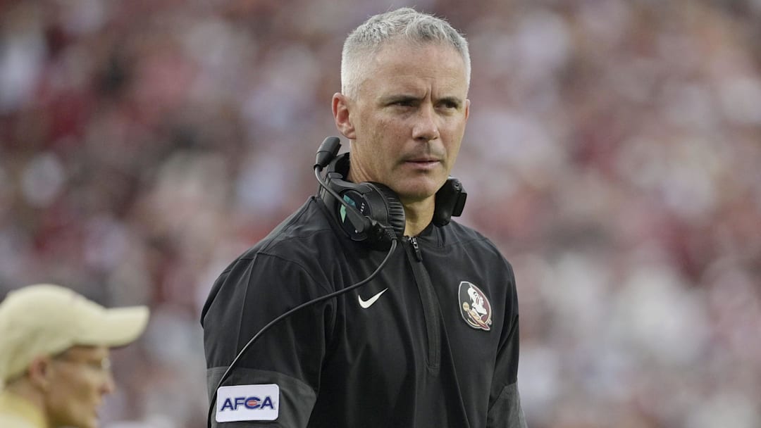 Aug 30, 2025; Tallahassee, Florida, USA; Florida State Seminoles head coach Mike Norvell reacts after a play against the Alabama Crimson Tide during the second half at Doak S. Campbell Stadium. Mandatory Credit: Melina Myers-Imagn Images