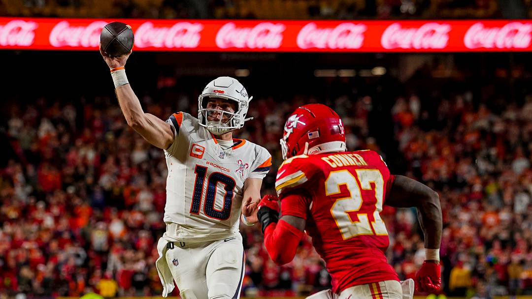 Dec 25, 2025; Kansas City, Missouri, USA; Denver Broncos quarterback Bo Nix (10) throws a toucdown pass during the fourth quarter at GEHA Field at Arrowhead Stadium. Mandatory Credit: Jay Biggerstaff-Imagn Images