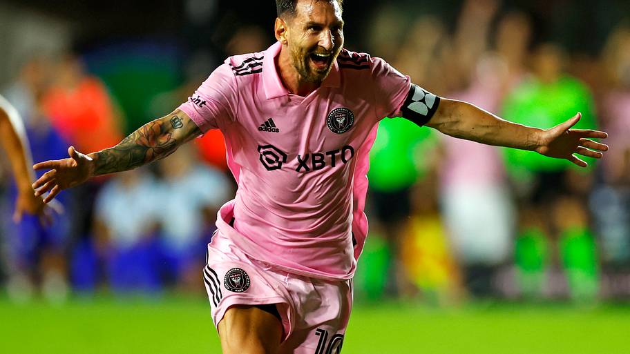 Lionel Messi celebrating his first goal for Inter Miami. 