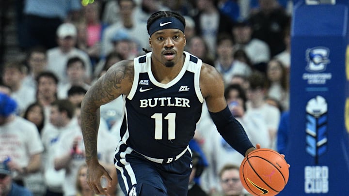 Mar 8, 2025; Omaha, Nebraska, USA; Butler Bulldogs forward Jahmyl Telfort (11) dribbles against the Creighton Bluejays during the first half at CHI Health Center Omaha. Mandatory Credit: Steven Branscombe-Imagn Images Mar 8, 2025; Omaha, Nebraska, USA; Butler Bulldogs forward Jahmyl Telfort (11) dribbles against the Creighton Bluejays during the first half at CHI Health Center Omaha. Mandatory Credit: Steven Branscombe-Imagn Images