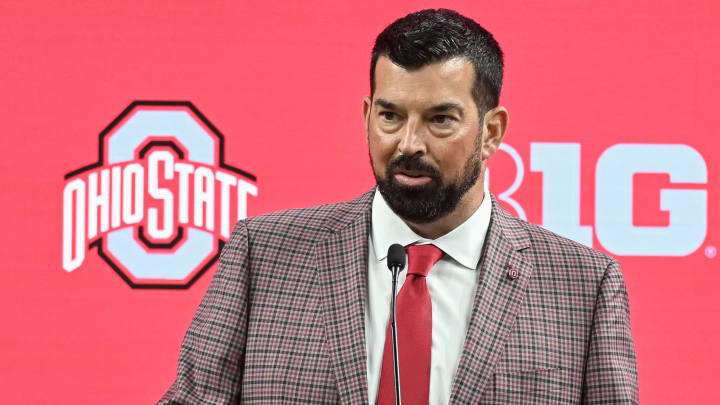 Jul 23, 2024; Indianapolis, IN, USA; Ohio State Buckeyes head coach Ryan Day speaks to the media during the Big 10 football media day at Lucas Oil Stadium. Mandatory Credit: Robert Goddin-USA TODAY Sports