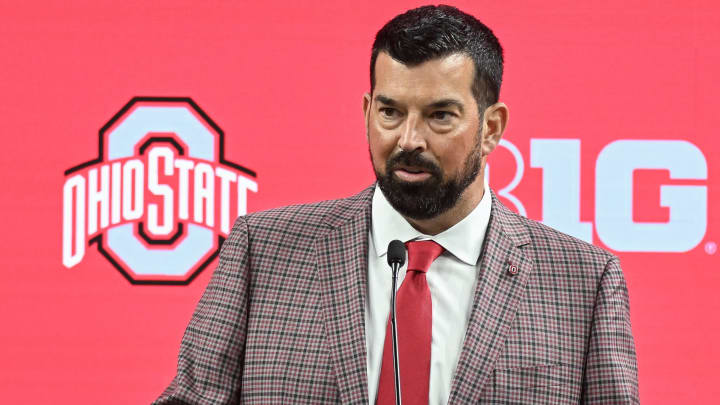 Ohio State Buckeyes coach Ryan Day speaks to the media during the Big 10 football media days at Lucas Oil Stadium. 