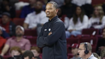 Jan 18, 2025; Norman, Oklahoma, USA; South Carolina Gamecocks head coach Lamont Paris watches his team play against the Oklahoma Sooners during the second half at Lloyd Noble Center. Mandatory Credit: Alonzo Adams-Imagn Images