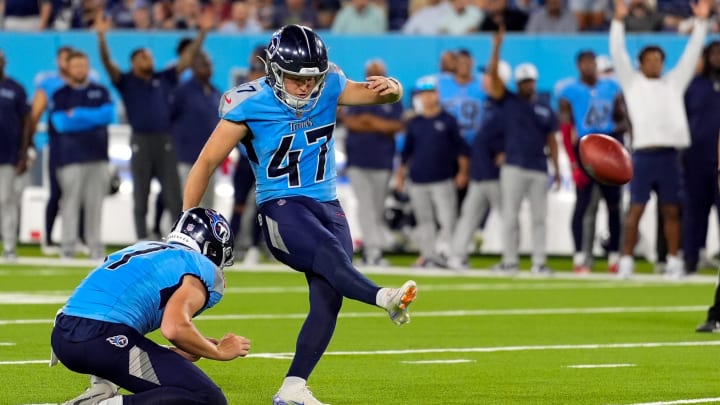 Tennessee Titans place kicker Brayden Narveson (47) kicks the game winning field goal against the Seattle Seahawks during the fourth quarter at Nissan Stadium in Nashville, Tenn., Saturday, Aug. 17, 2024.