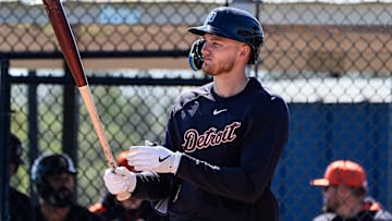 Detroit Tigers outfielder Parker Meadows bats during spring training at TigerTown in Lakeland, Fla. on Friday, Feb. 21, 2025.