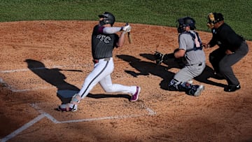 Jul 5, 2025; New York City, New York, USA; New York Mets first baseman Pete Alonso (20) follows through on a two run home run against the New York Yankees during the fifth inning at Citi Field. Mandatory Credit: Brad Penner-Imagn Images