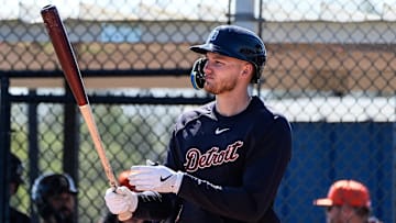 Detroit Tigers outfielder Parker Meadows bats during spring training at TigerTown in Lakeland, Fla. on Friday, Feb. 21, 2025.