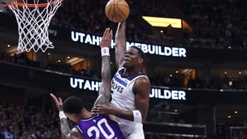 Mar 18, 2024; Salt Lake City, Utah, USA; Minnesota Timberwolves guard Anthony Edwards (5) dunks