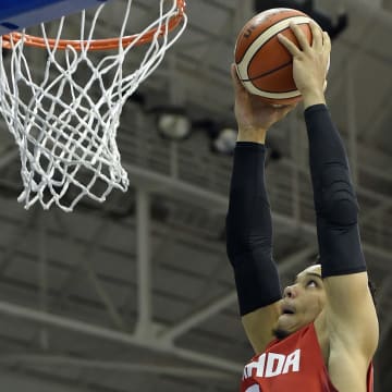 Jul 25, 2015; Toronto, Ontario, CAN; Canada forward Dillon Brooks (9) dunks the ball against Brazil in the men's basketball gold medal game during the 2015 Pan Am Games at Ryerson Athletic Centre.