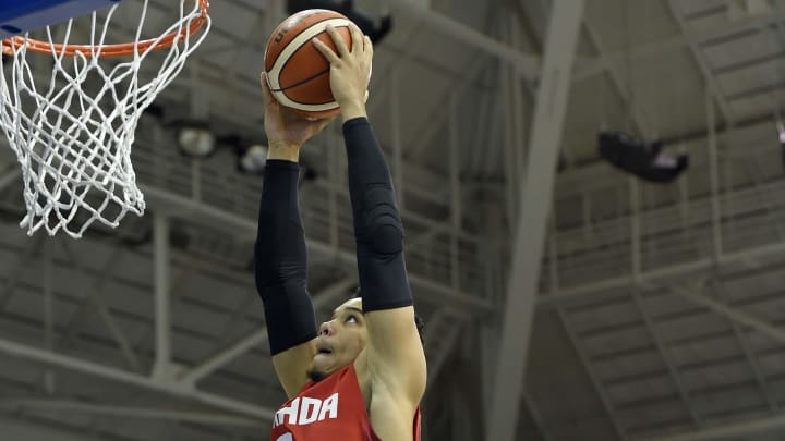 Jul 25, 2015; Toronto, Ontario, CAN; Canada forward Dillon Brooks (9) dunks the ball against Brazil in the men's basketball gold medal game during the 2015 Pan Am Games at Ryerson Athletic Centre.