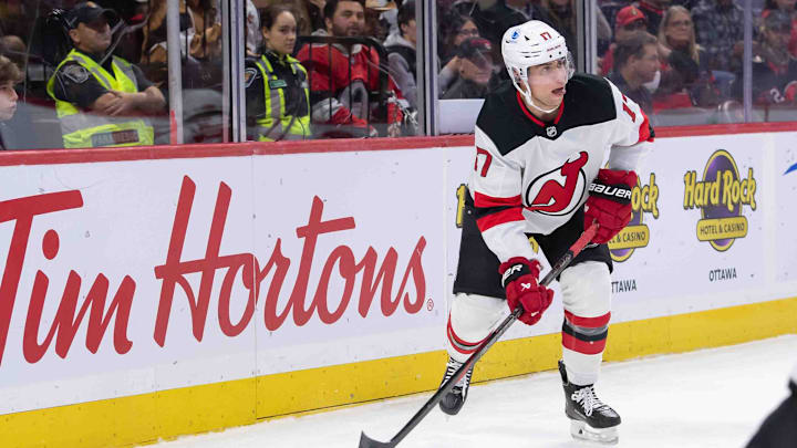 Oct 17, 2024; Ottawa, Ontario, CAN; New Jersey Devils defenseman Simon Nemec (17) skates with the puck in the first period against the Ottawa Senators at the Canadian Tire Centre. Mandatory Credit: Marc DesRosiers-Imagn Images Oct 17, 2024; Ottawa, Ontario, CAN; New Jersey Devils defenseman Simon Nemec (17) skates with the puck in the first period against the Ottawa Senators at the Canadian Tire Centre. Mandatory Credit: Marc DesRosiers-Imagn Images