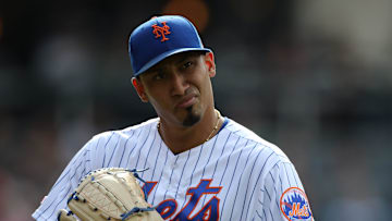 Edwin Diaz, of the Mets, is shown as he heads into the dugout after pitching the ninth inning.  Diaz gave up a two-run home-run during the inning.  The Mets went on to lose, 7-4.  Sunday, August 11, 2019