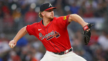 Sep 13, 2024; Atlanta, Georgia, USA; Atlanta Braves starting pitcher Spencer Schwellenbach (56) throws against the Los Angeles Dodgers in the second inning at Truist Park. Mandatory Credit: Brett Davis-Imagn Images
