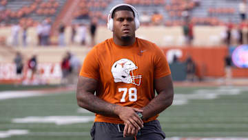 Oct 19, 2024; Austin, Texas, USA; Texas Longhorns offensive lineman Kelvin Banks Jr. (78) warms up at Darrell K Royal-Texas Memorial Stadium. Mandatory Credit: Brett Patzke-Imagn Images