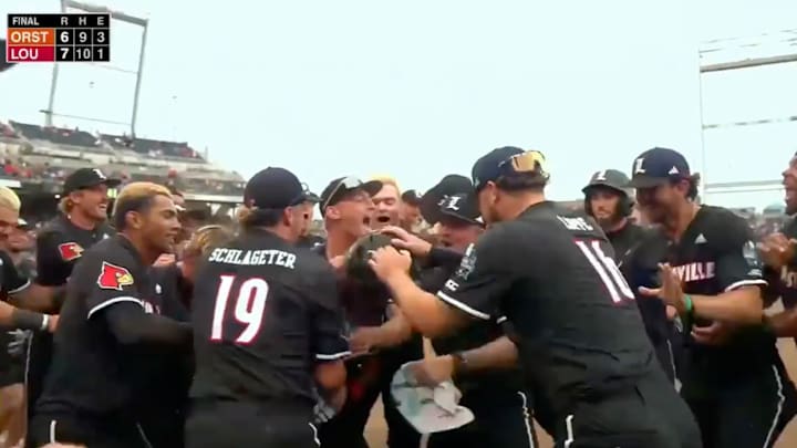 Louisville baseball celebrates walking off Oregon State at the College World Series. Louisville baseball celebrates walking off Oregon State at the College World Series.