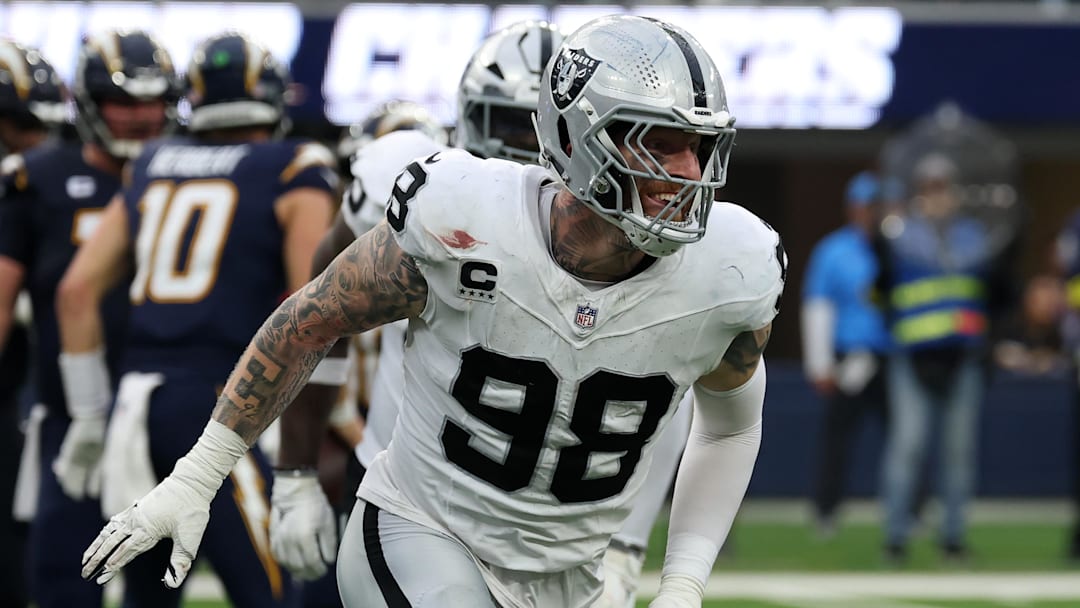 Las Vegas Raiders defensive end Maxx Crosby reacts after a tackle against the Los Angeles Chargers.