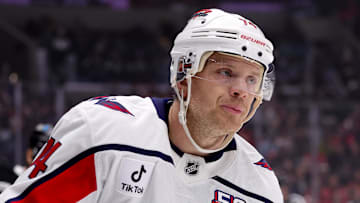 Mar 13, 2025; Los Angeles, California, USA; Washington Capitals defenseman John Carlson (74) skates during the first period against the Los Angeles Kings at Crypto.com Arena. Mandatory Credit: Ryan Sun-Imagn Images