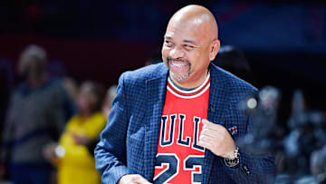 Feb 14, 2020; Chicago, Illinois, USA; Team Wilbon coach Michael Wilbon during lineup introductions before the NBA All Star-Celebrity Game at Wintrust Arena. Mandatory Credit: Quinn Harris-Imagn Images