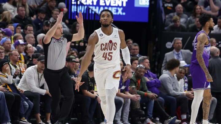 Jan 10, 2023; Salt Lake City, Utah, USA;  Cleveland Cavaliers guard Donovan Mitchell (45) celebrates after scoring a three point basket against the Utah Jazz during the fourth quarter at Vivint Arena. Mandatory Credit: Chris Nicoll-USA TODAY Sports