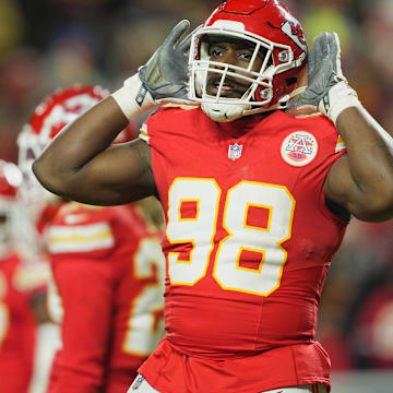 Jan 18, 2025; Kansas City, Missouri, USA; Kansas City Chiefs defensive tackle Tershawn Wharton (98) reacts during the fourth quarter of a 2025 AFC divisional round game against the Houston Texans at GEHA Field at Arrowhead Stadium.