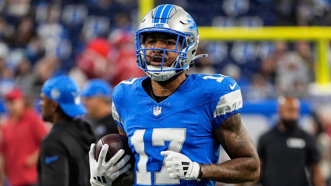 Detroit Lions wide receiver Tim Patrick (17) warms up before the Tampa Bay Buccaneers game at Ford Field in Detroit on Sunday, September 15, 2024.